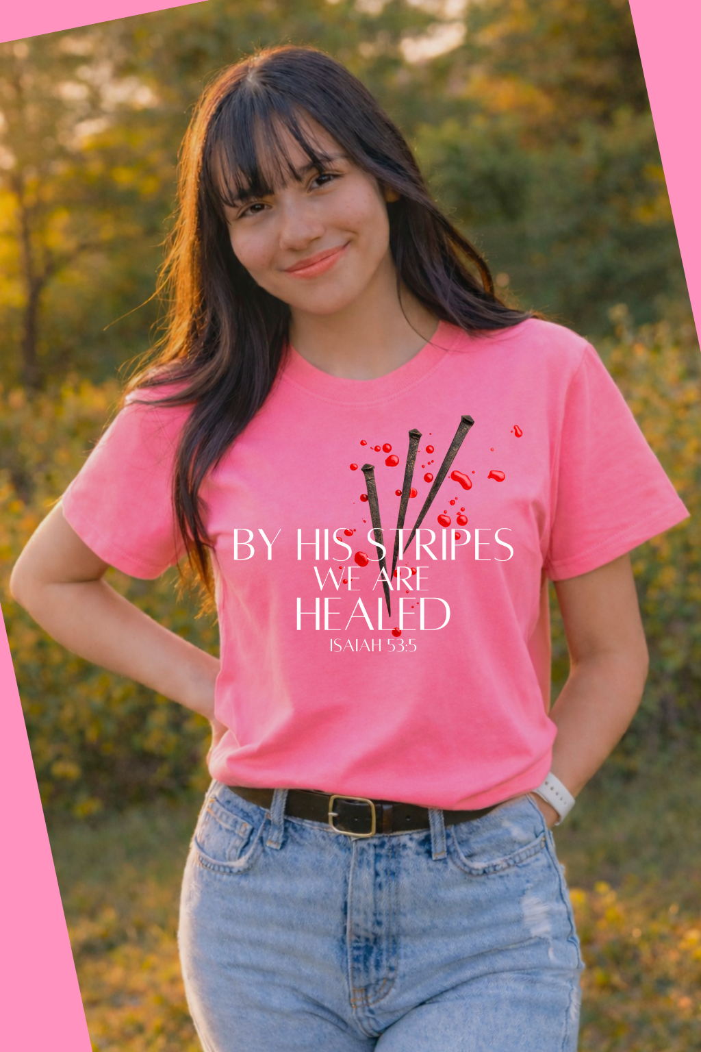 By His Stripes Tee - Pink